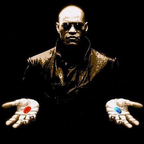Un'immagine di Morpheus da Matrix che propone la pillola blu o la pillola rossa