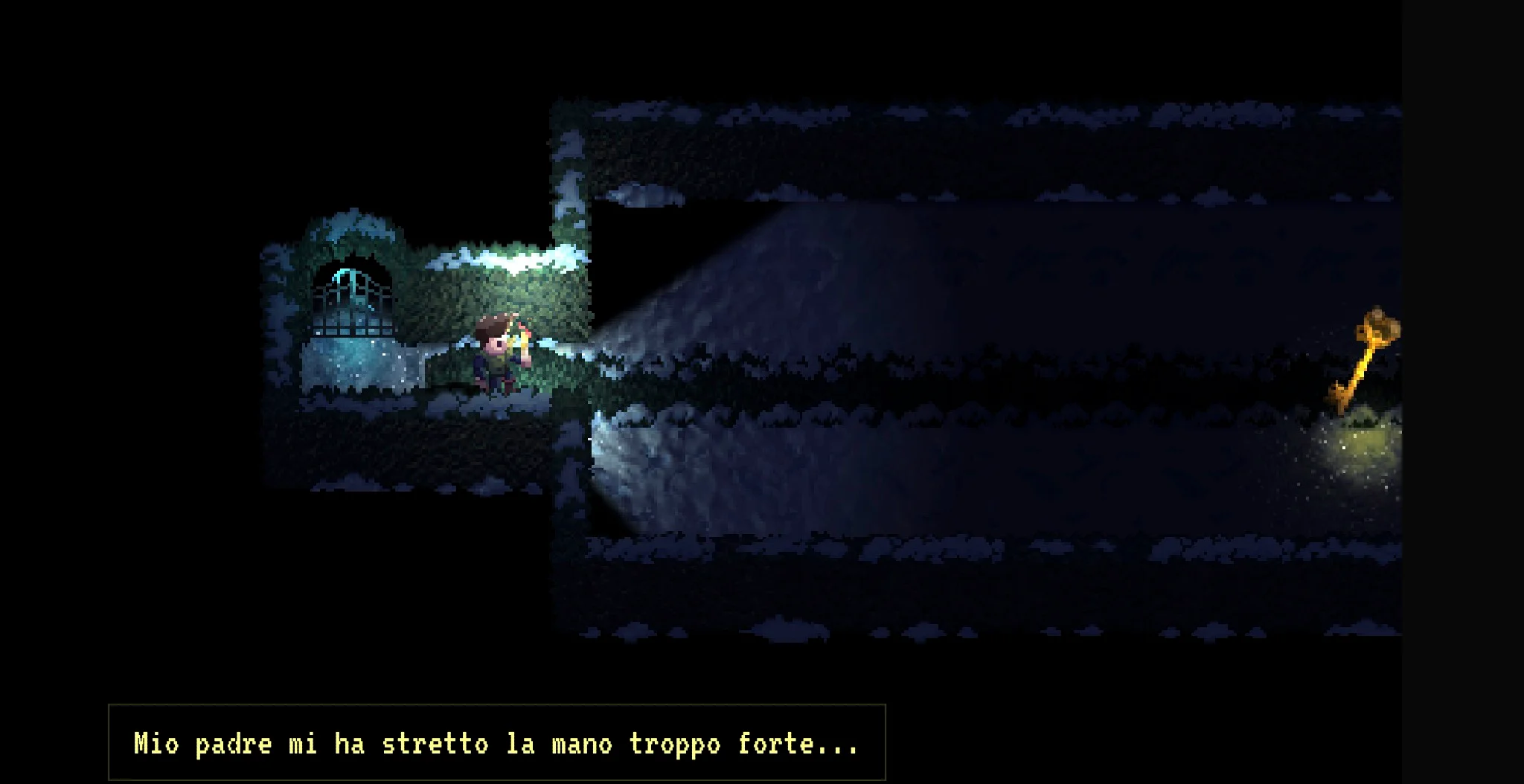 La candela di Mark proietta un cono di luce nel buio, con una candela-esca posata a terra